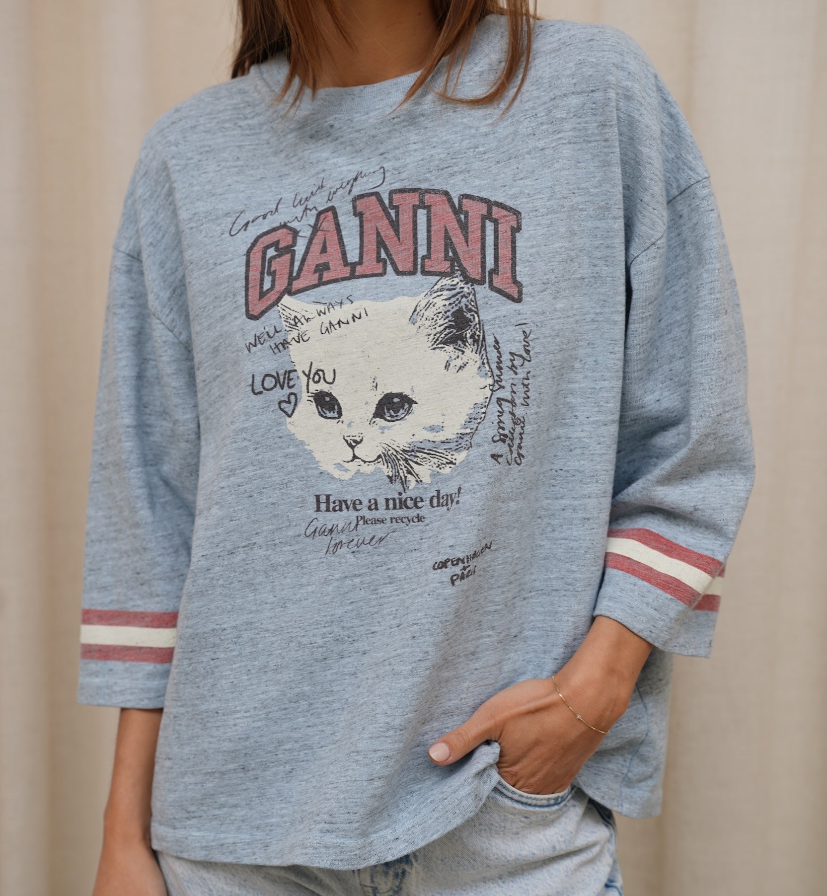 GANNI Overdyed Bomull Melange 3/4 ermet Topp
